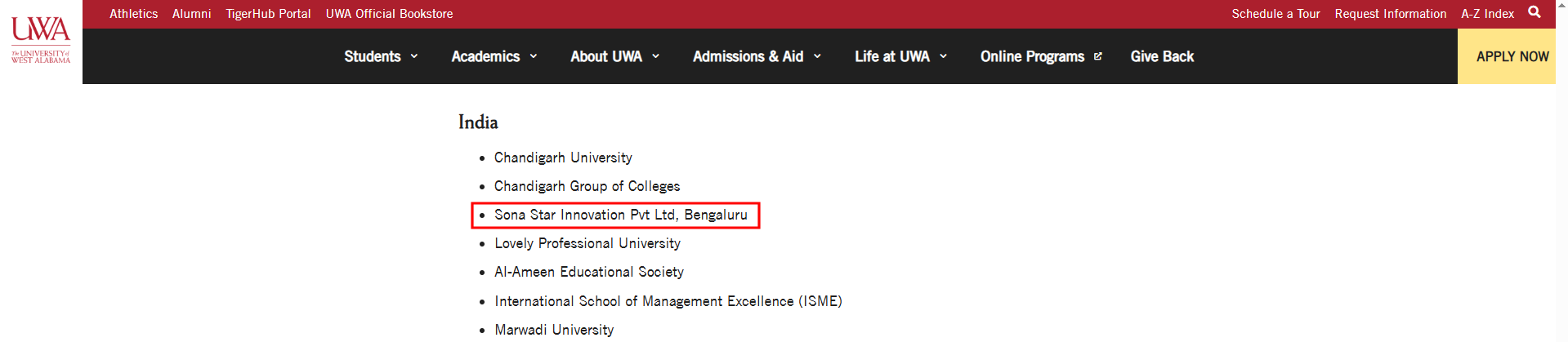 University of West Alabama official partner listing